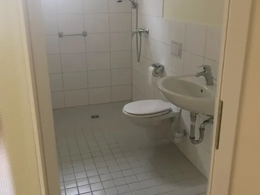 Gefliestes Bad mit bodengleicher Dusche, Haltegriff, WC und Waschbecken, darüber ein Fenster.